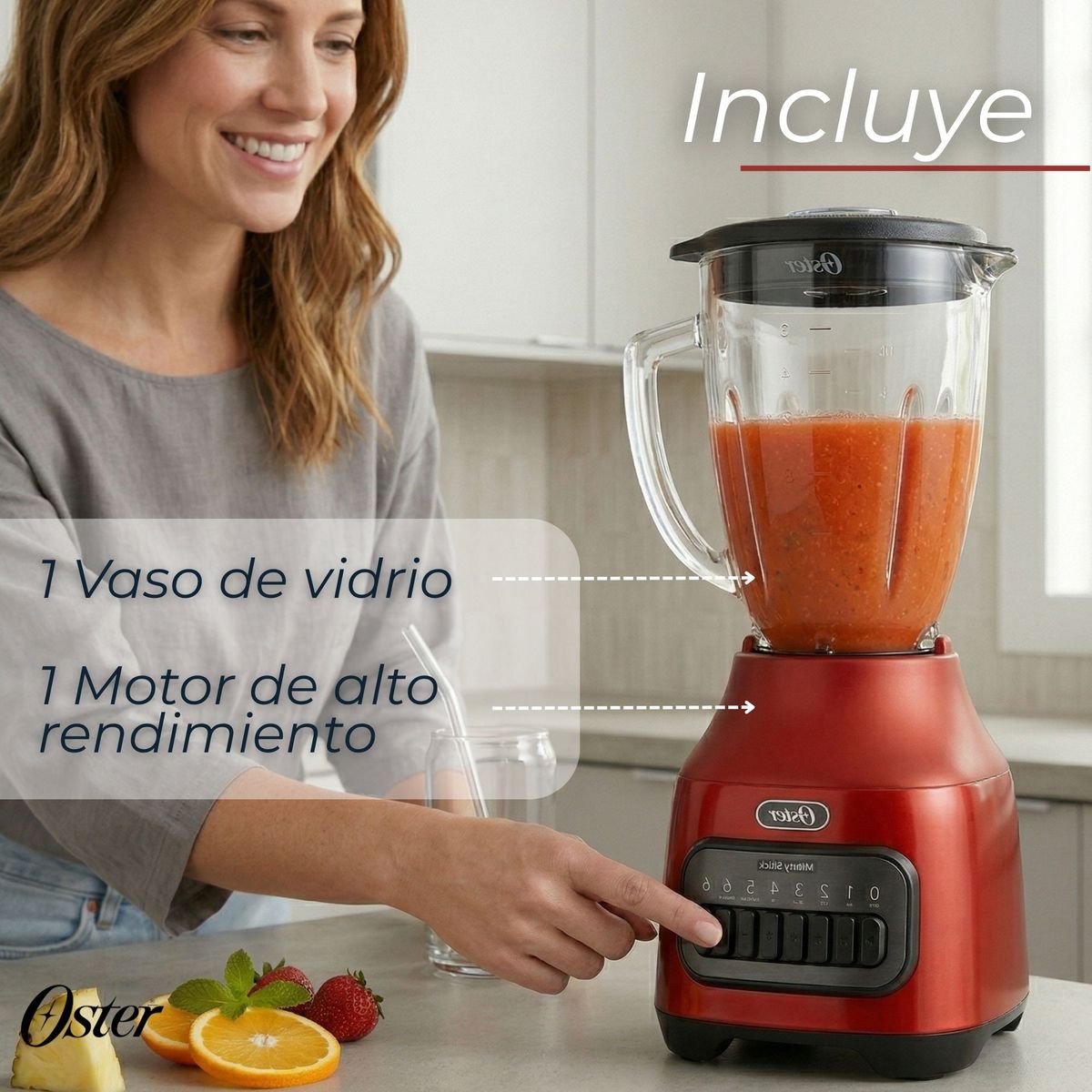 OSTER - Licuadora Oster® con vaso de vidrio y 6 velocidades más pulso 800 Watts 1,5Litros