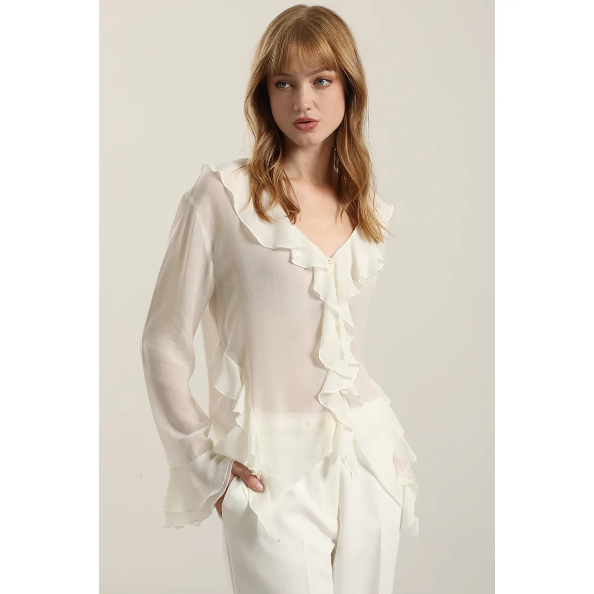 LIOLA - Blusa volantes semitransparente, beige Liola