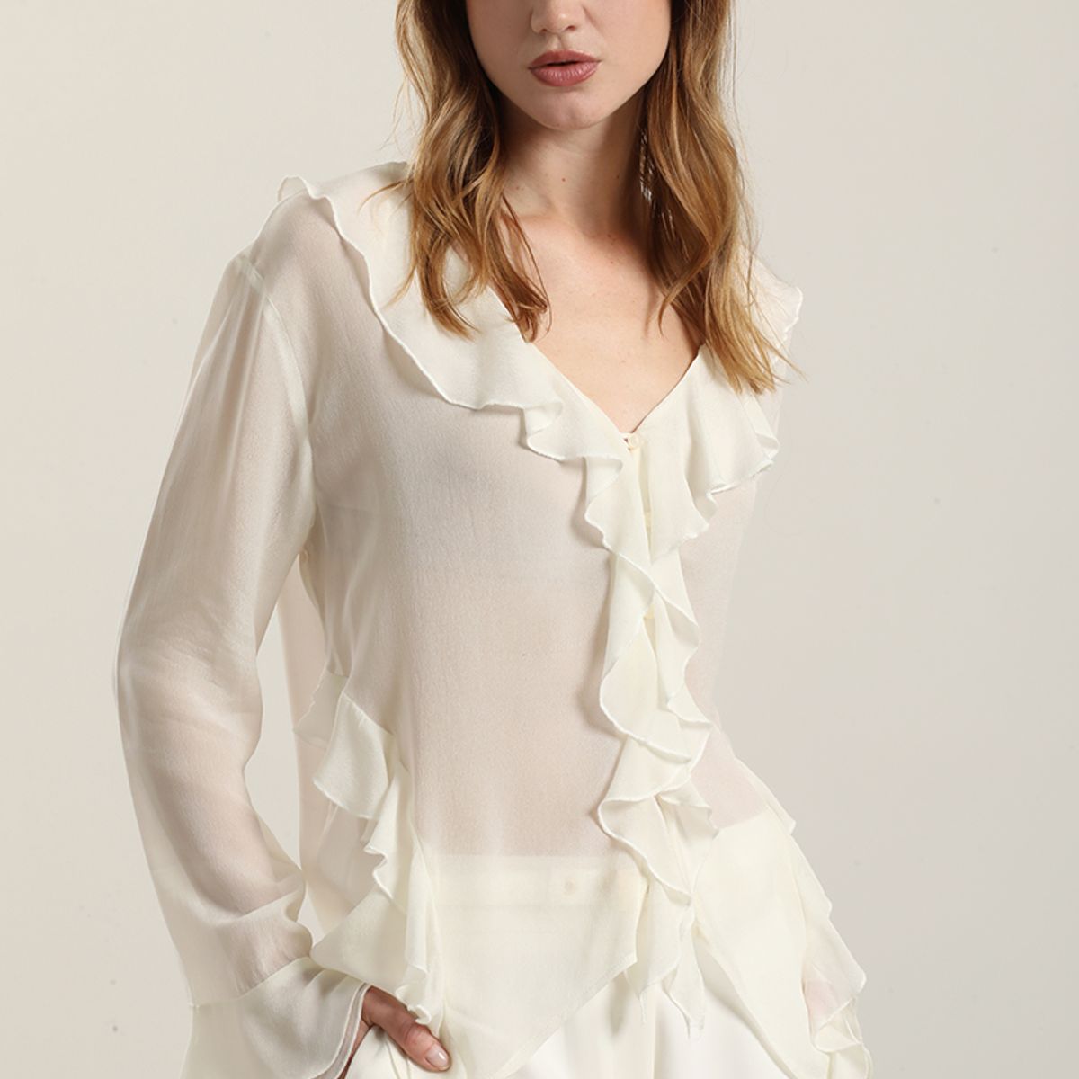 LIOLA - Blusa volantes semitransparente, beige Liola