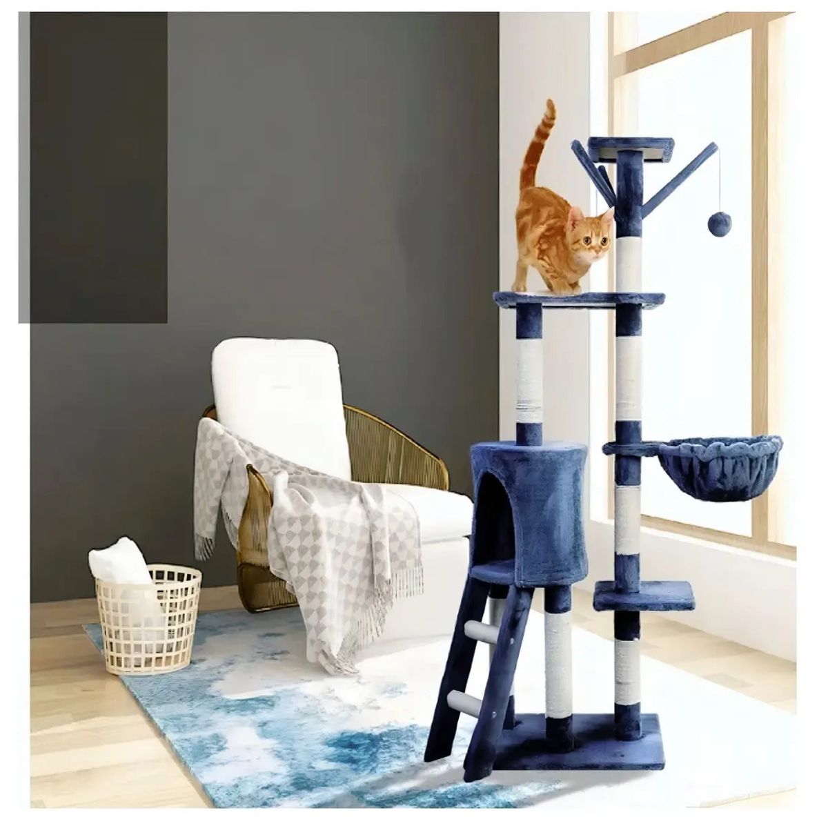 GENERICO - Árbol Rascador para Gatos con Cuna y Casa Azul Oscuro 138 cm 5 Niveles Labg