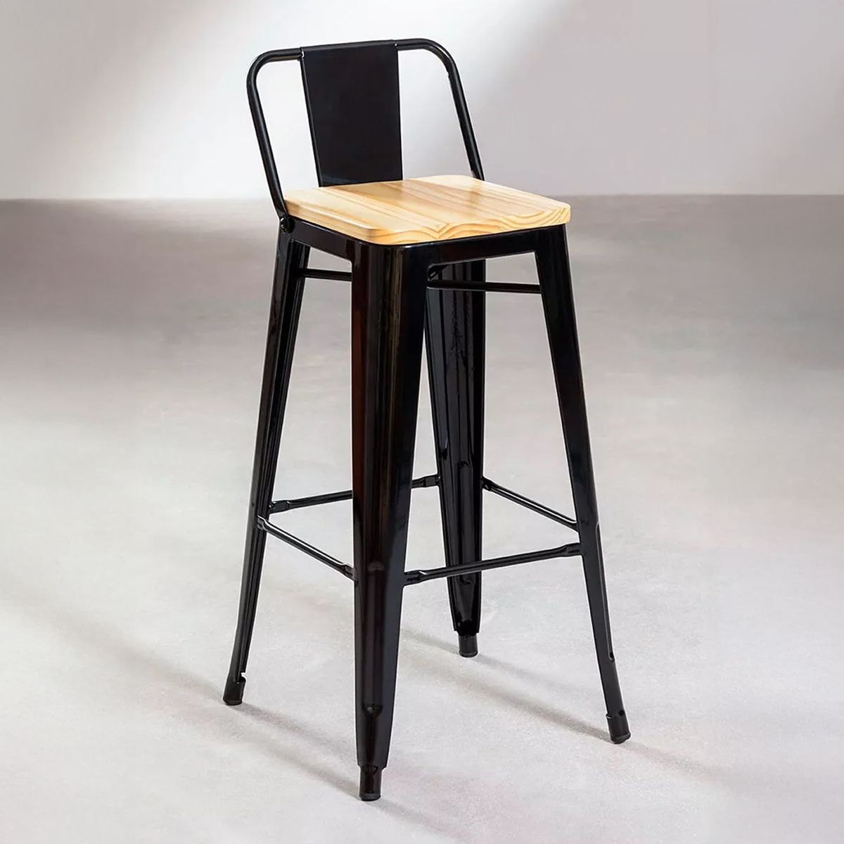 VENHOOUSE - Taburete Tolix Negro Con Asiento De Madera Clara De 66cm