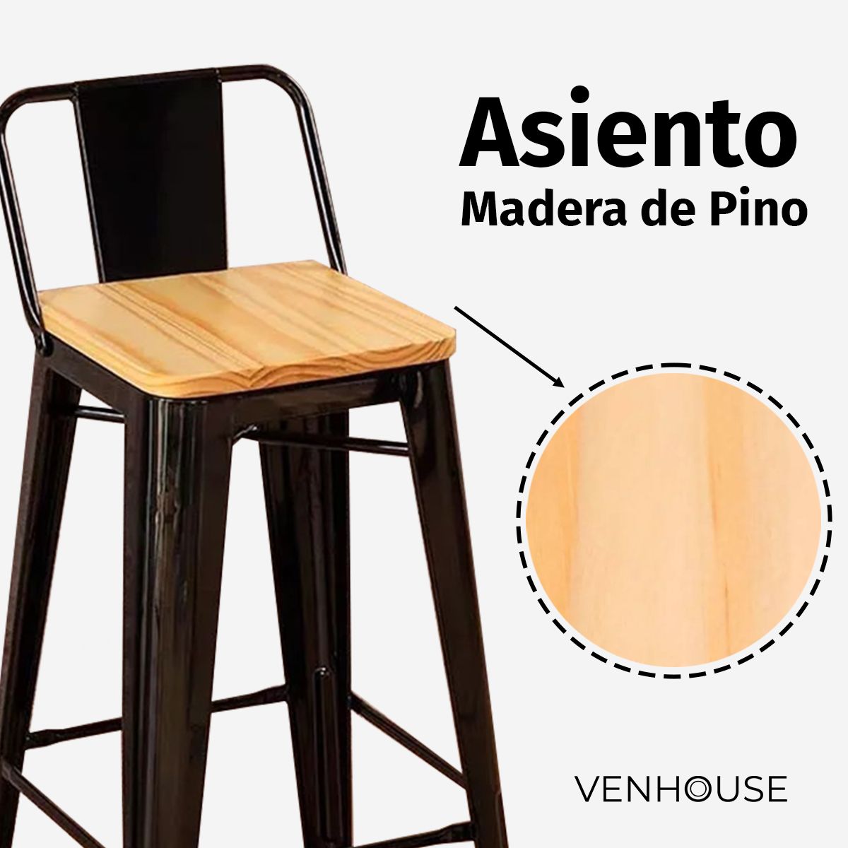 VENHOOUSE - Taburete Tolix Negro Con Asiento De Madera Clara De 66cm