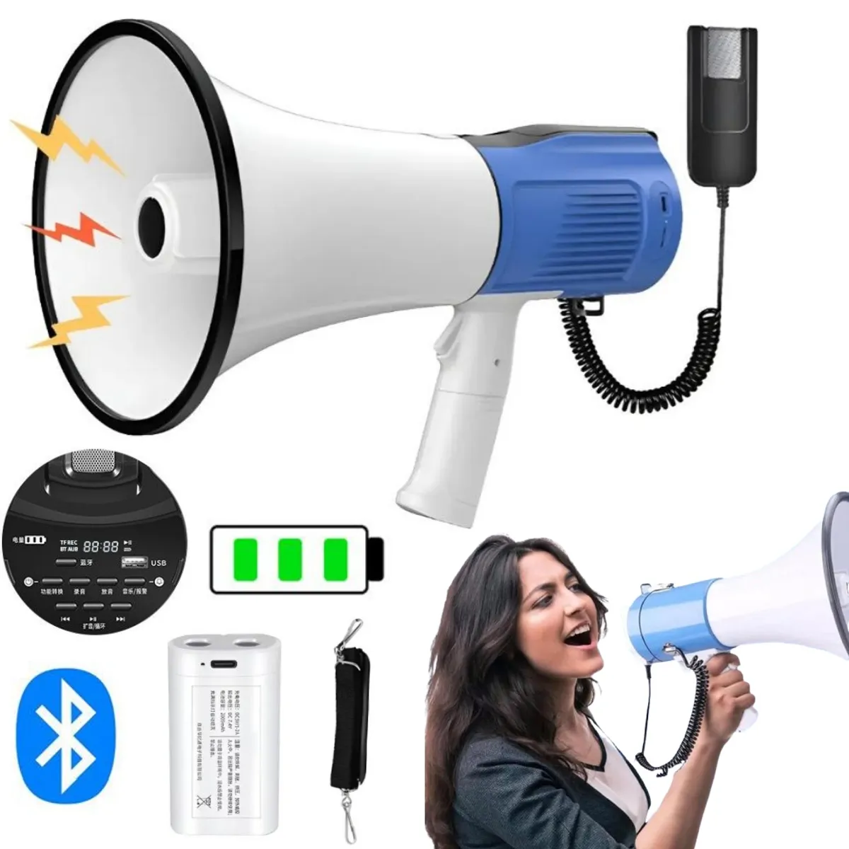 NEBLISUR - 120W Megafono Bluetooth Portatil Altavoz Fuerte Volumen Recargable Ajustable Y Función Grabación
