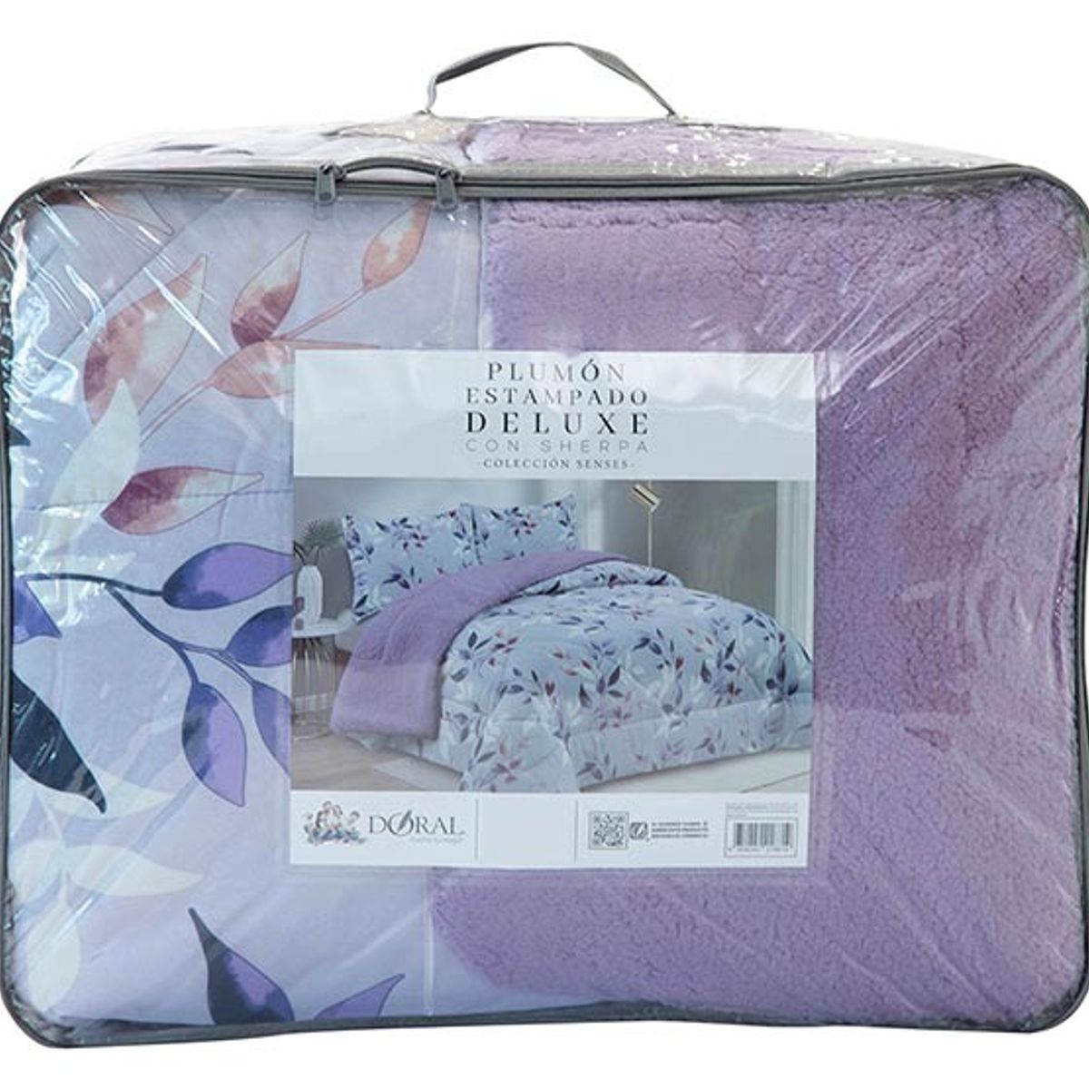 DORAL - CUBRECAMA PLUMON ESTAMPADO DELUXE CON SHERPA LAVANDA DORAL 2.5 PLAZAS