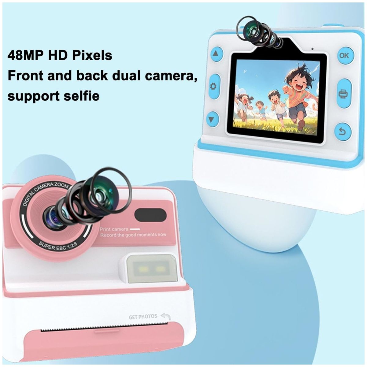 KUANGYE - Cámara para Niños con Impresión Instantánea,Pantalla de 2,4 Pulgadas,48MP,Zoom de 10x,3 a 14 Años