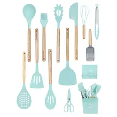 YOLIKITCHEN - Juego de Utensilios de Silicona 12 Piezas, Mango de Madera, Antiadherente,con Recipiente y 6 Colores