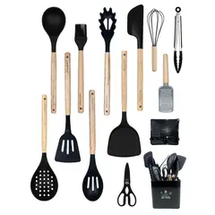 YOLIKITCHEN - Juego de Utensilios de Silicona 12 Piezas, Mango de Madera, Antiadherente,con Recipiente y 6 Colores