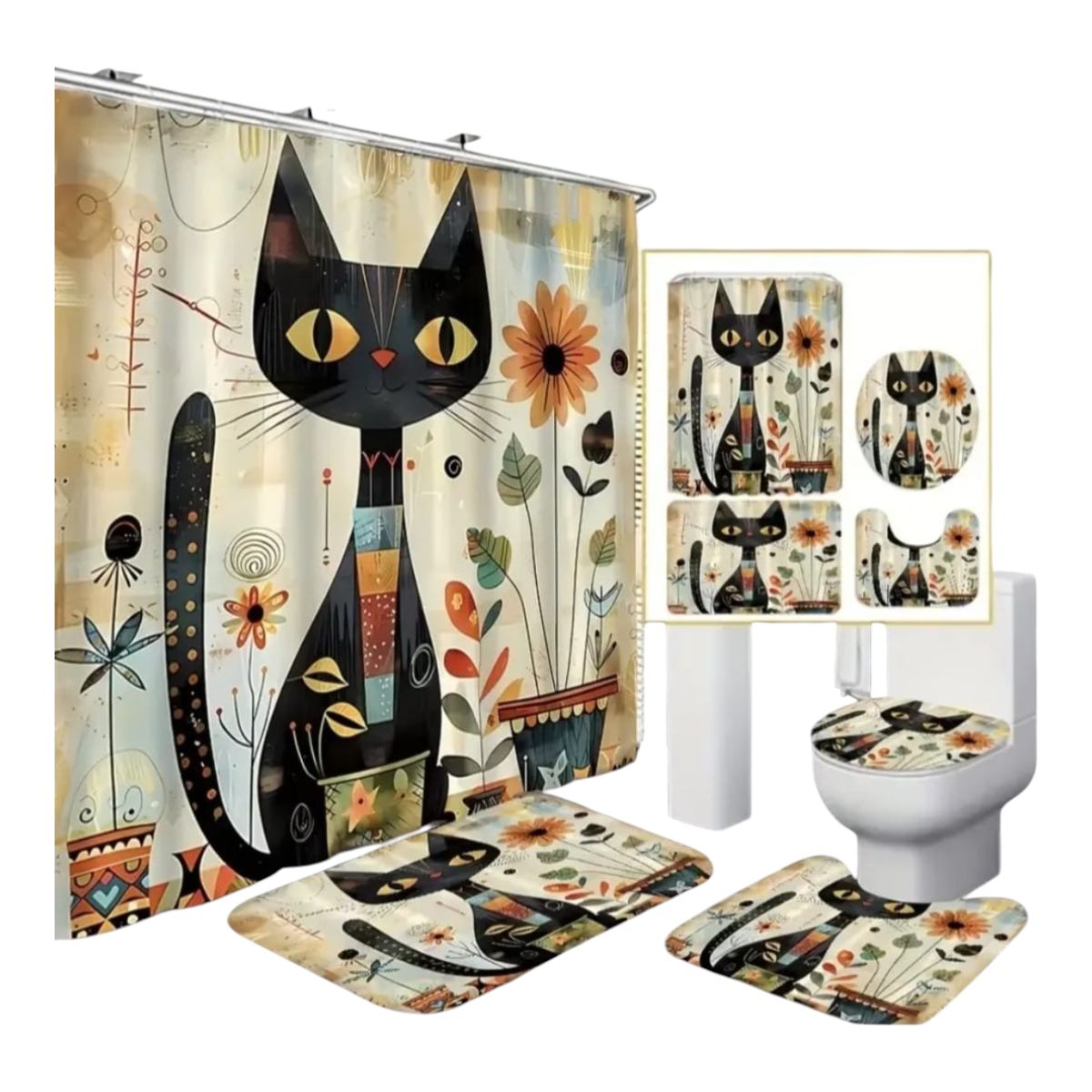 GENERICO - Juego de Baño Completo 4 Piezas Diseño Gato Negro