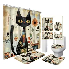GENERICO - Juego de Baño Completo 4 Piezas Diseño Gato Negro