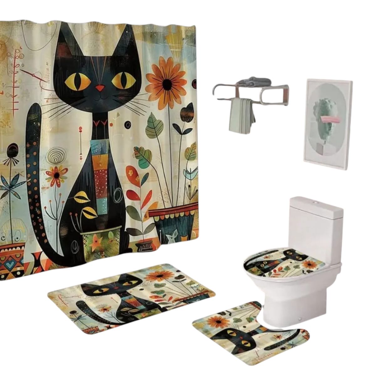 GENERICO - Juego de Baño Completo 4 Piezas Diseño Gato Negro