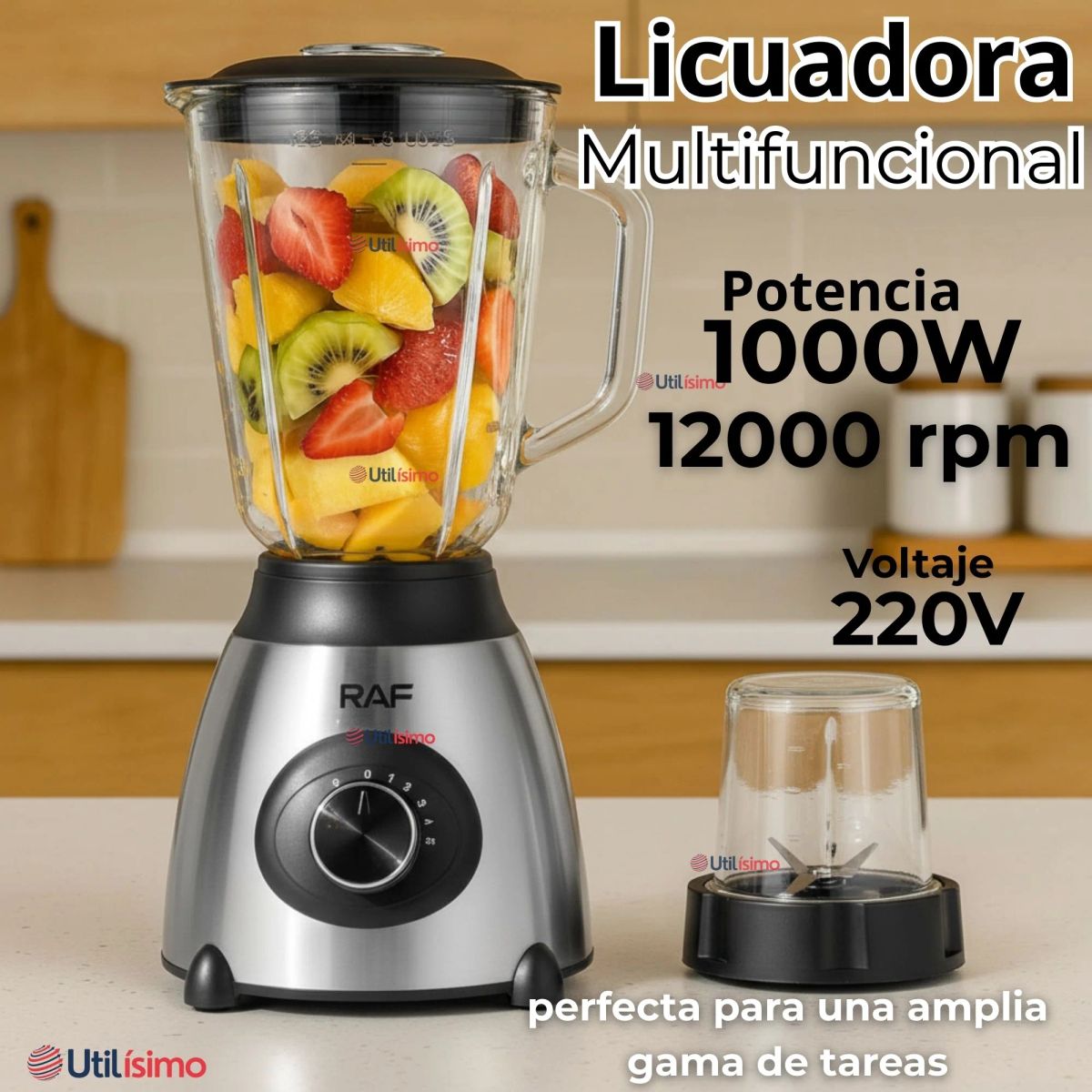 RAF - Licuadora Juguera Multiuso 2 en 1 Picadora y Jarra de Vidrio