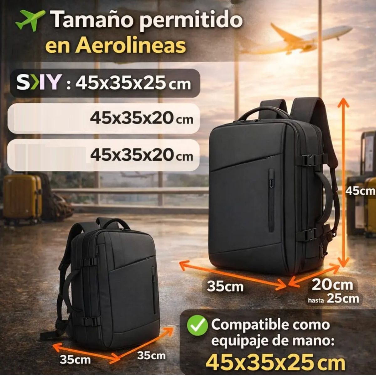 GENERICO - Mochila Viaje Avión Cabina Expandible Impermeable