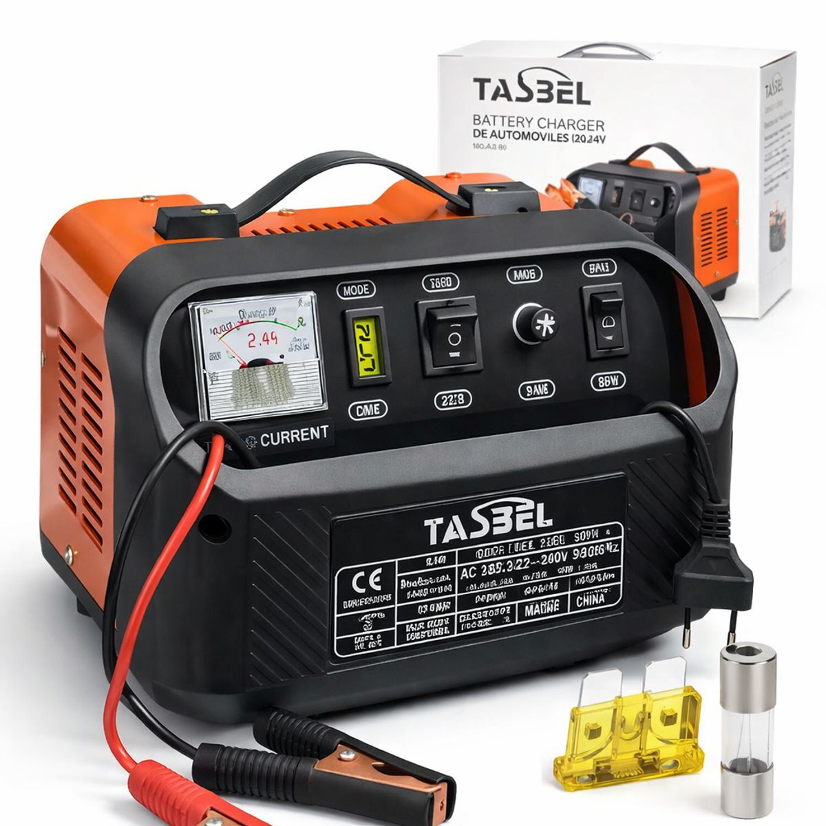 TASBEL - cargador partidor para auto camioneta y moto 12v 24v negro naranja