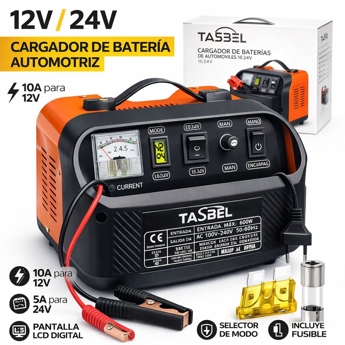 TASBEL - cargador partidor para auto camioneta y moto 12v 24v negro naranja