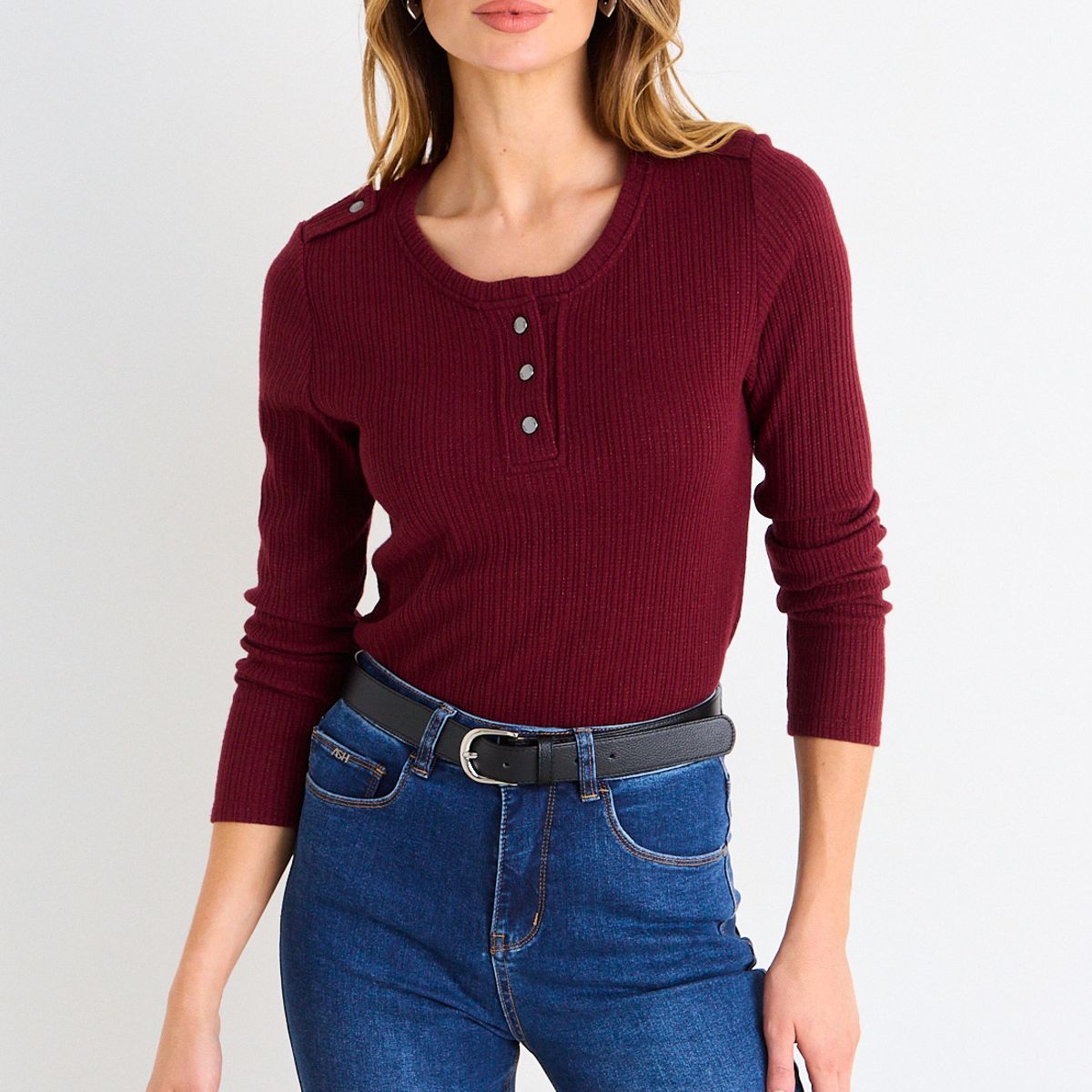 ASH - Polera Lisa Manga Larga Mujer Burdeos Ash