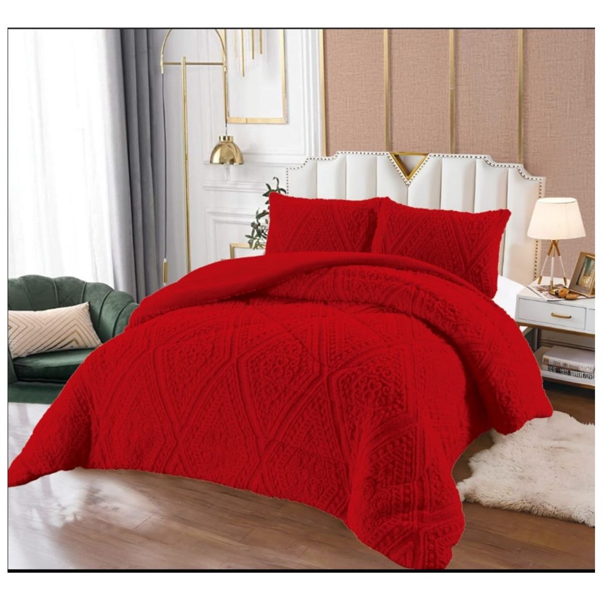 GENERICO - Plumón rojo 2.5 Plazas Diseño Trenzado, Polar + 2 Funda