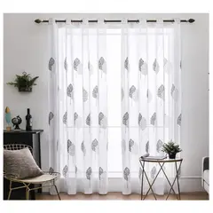COMPRAPO - Set Visillos Blancos Bordados Hojas Blancas Grises 140x230 Cm 2 Paños