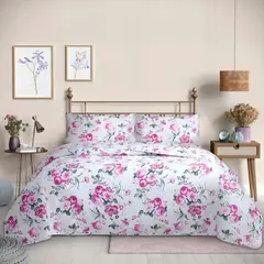 GENERICO - Cubrecama Quilt Reversible Estampado Floreado de 2.5 Plazas - Flowers Collection Red Martiné
