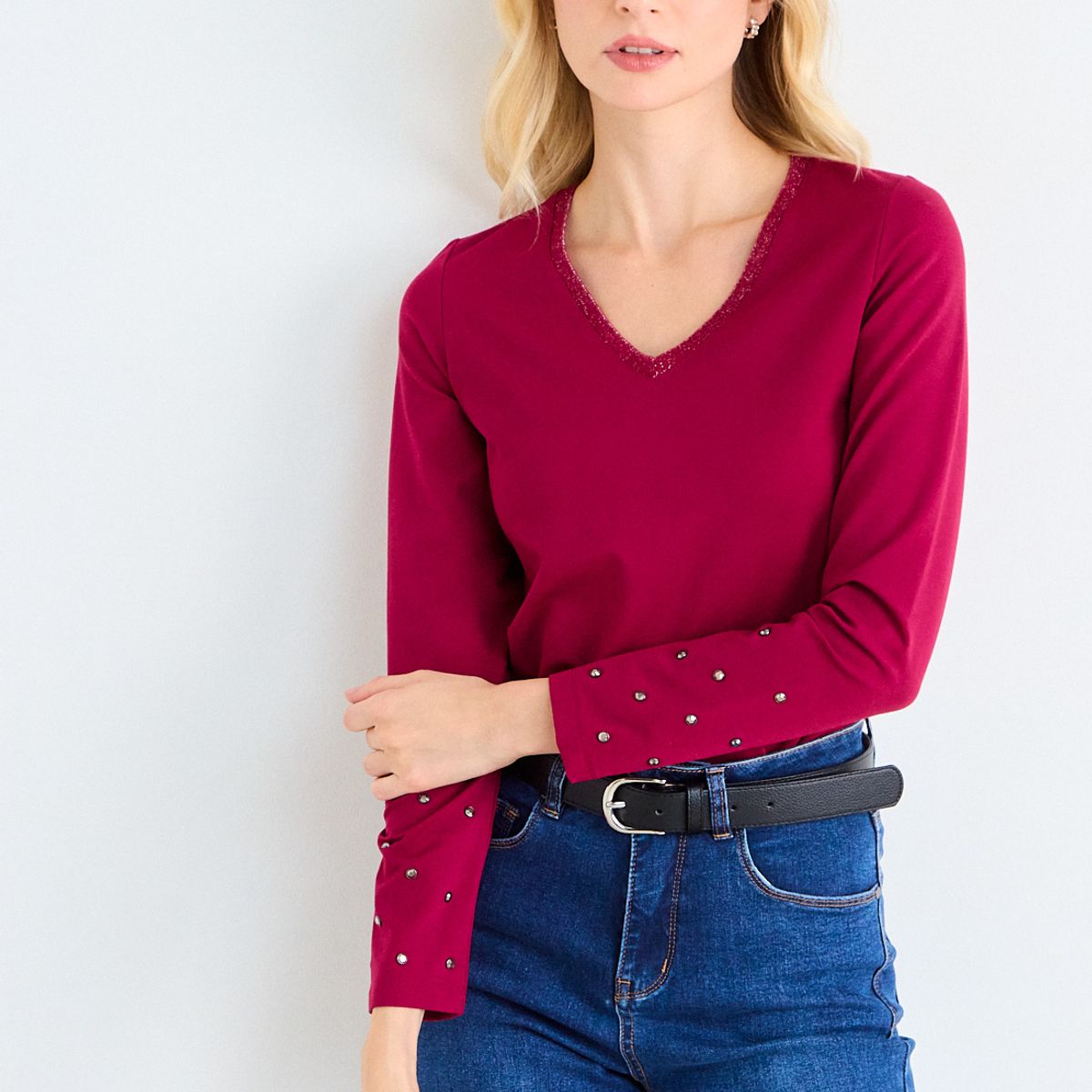 ASH - Polera Lisa Manga Larga Mujer Burdeo Ash