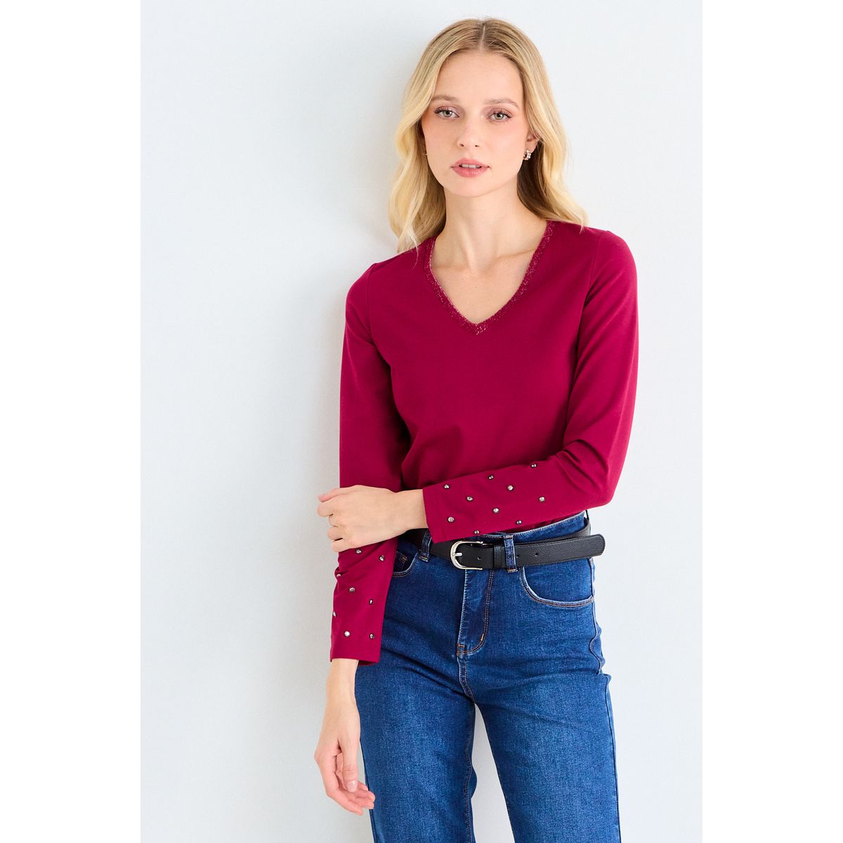 ASH - Polera Lisa Manga Larga Mujer Burdeo Ash