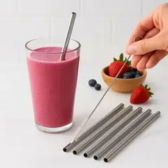 GENERICO - Set 6 Bombillas Rectas Plateado Reutilizables Con Cepillo