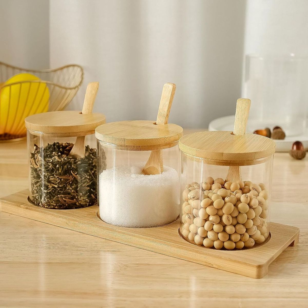 GENERICO - Set 3 frascos Vidrio Con Tapa y Cuhara Bambú + Base Organizadora