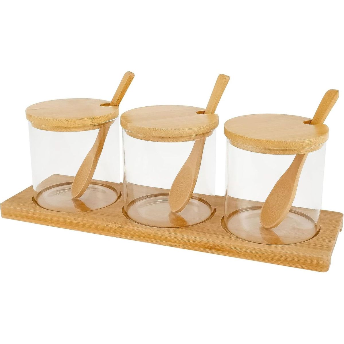 GENERICO - Set 3 frascos Vidrio Con Tapa y Cuhara Bambú + Base Organizadora