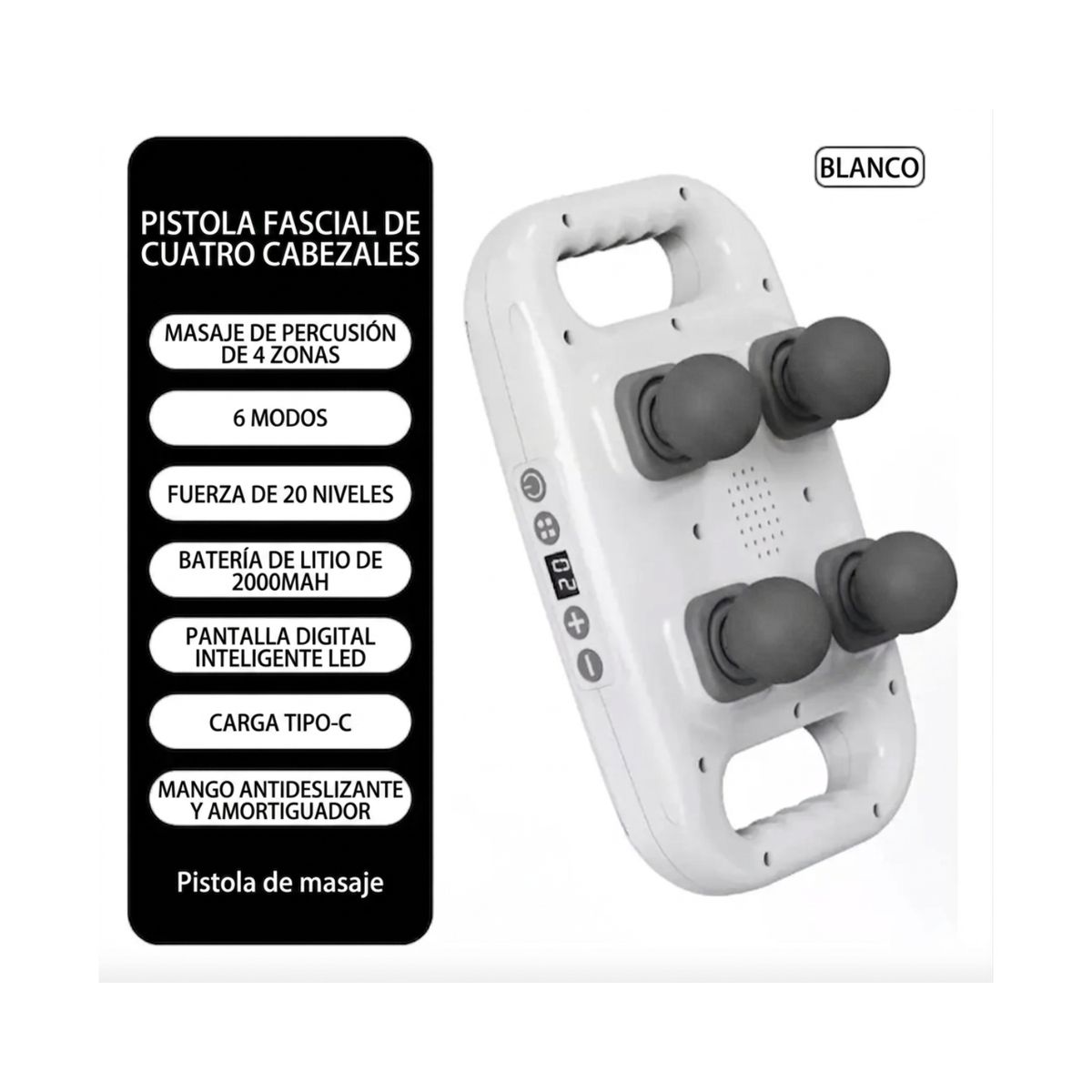 GENERICO - Masajeador Cervical y Corporal Recargable con 4 Cabezales de Percusión Color Blanco