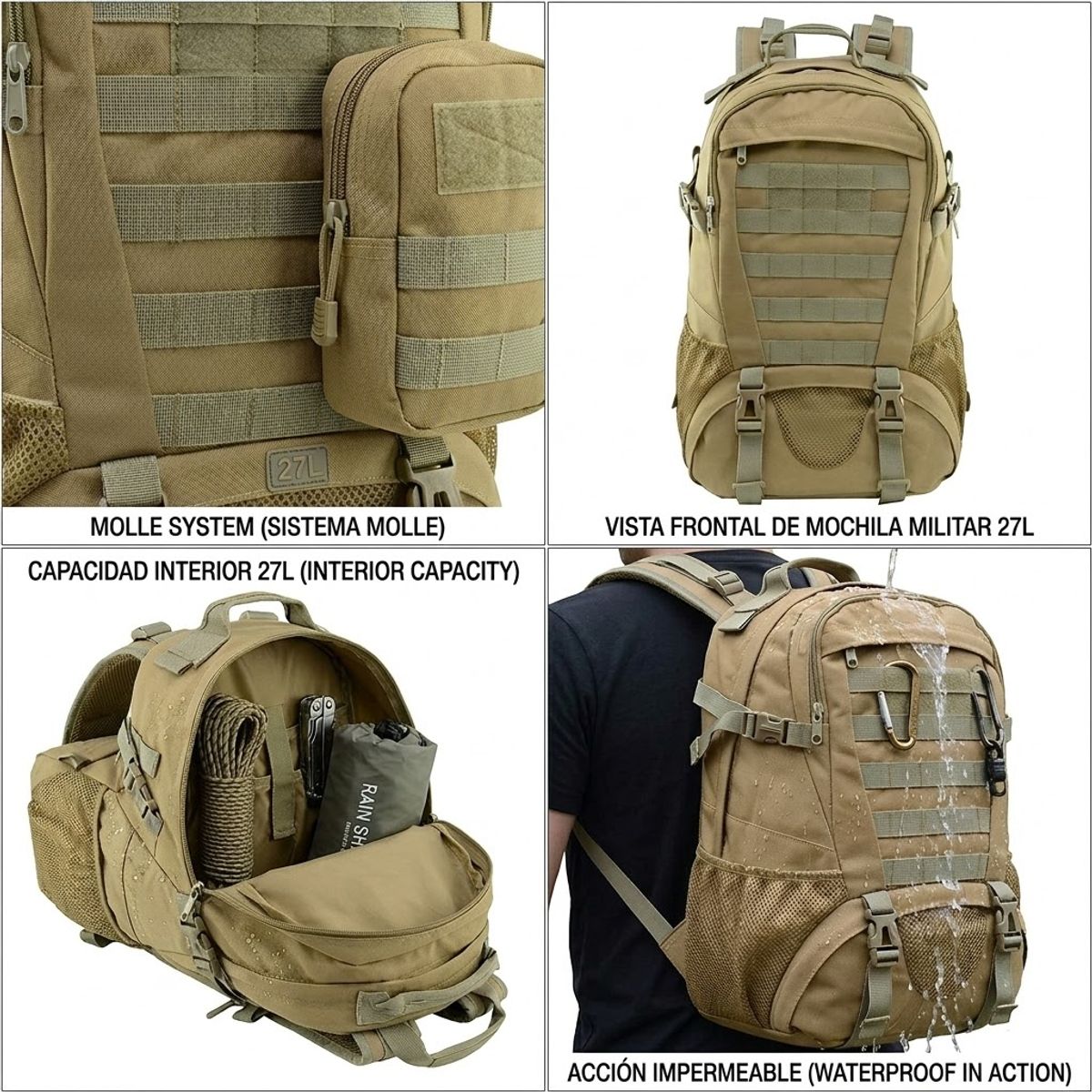 GENERICO - Mochila Militar Táctica con Sistema Molle Impermeable 27 ltrs