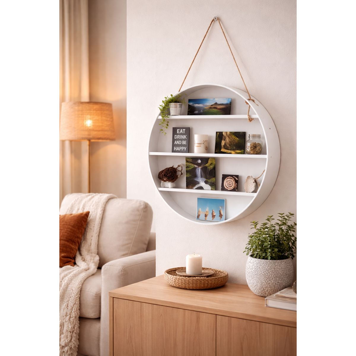 GENERICO - Repisa Decorativa Redonda Colgante Metal madera Minimalista 3 Niveles