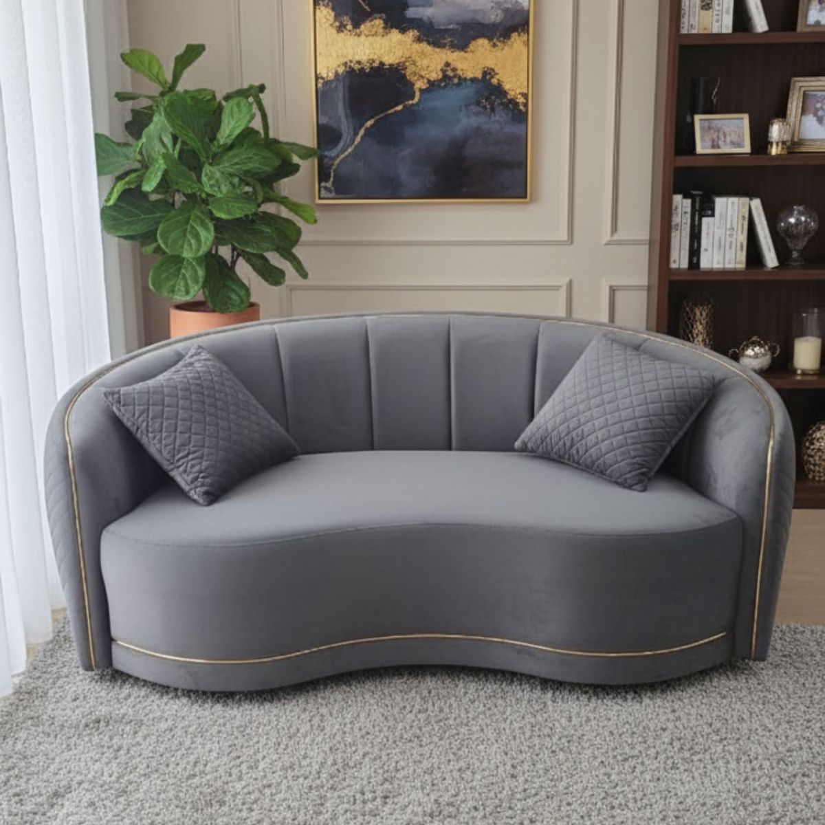 DANIELS - Sofá Living Curvo Gris Elegante Diana 2 Cuerpos