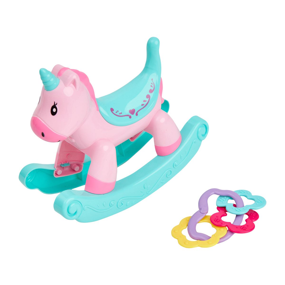 LITTLE DOLPHIE - Muñeca Bebé 29 cm con Mecedora Unicornio y Sonajero