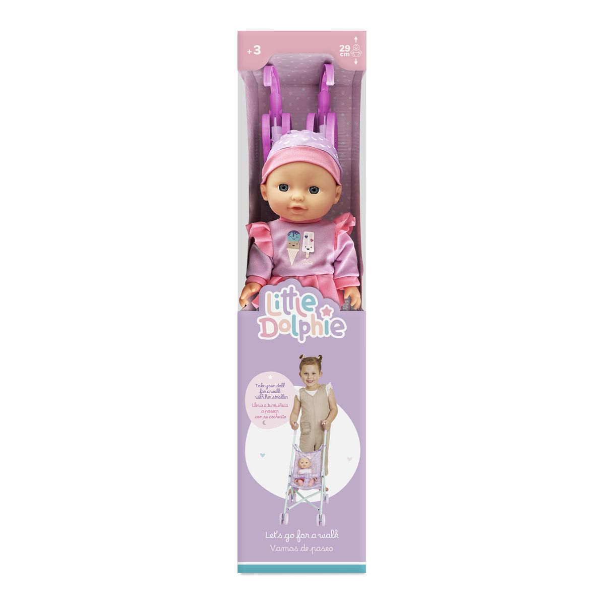 LITTLE DOLPHIE - Muñeca Bebé con Carrito Plegable de Paseo