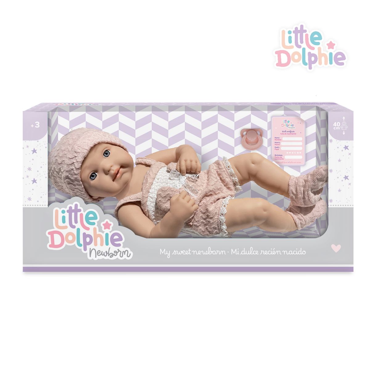 LITTLE DOLPHIE - Muñeca Recién Nacida 40 cm Cuerpo de Vinilo con Chupete