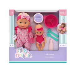 LITTLE DOLPHIE - Set Muñecas Hermanas 29 cm y 17 cm con Accesorios de Alimentación