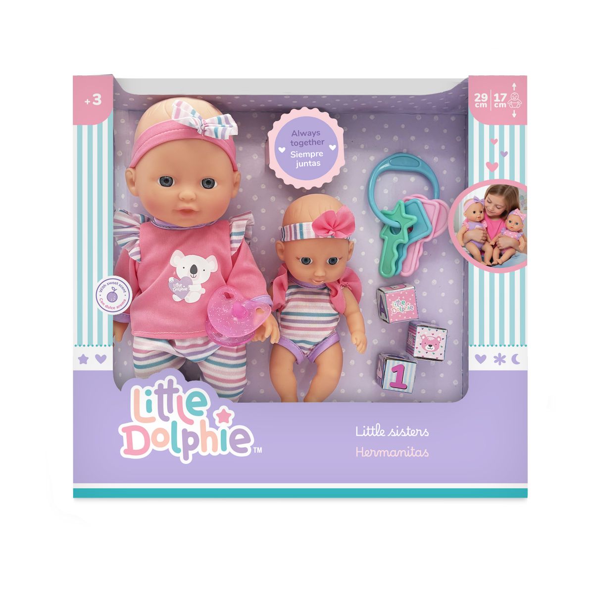 LITTLE DOLPHIE - Set Muñecas Hermanas 29 cm y 17 cm con Accesorios de Juego