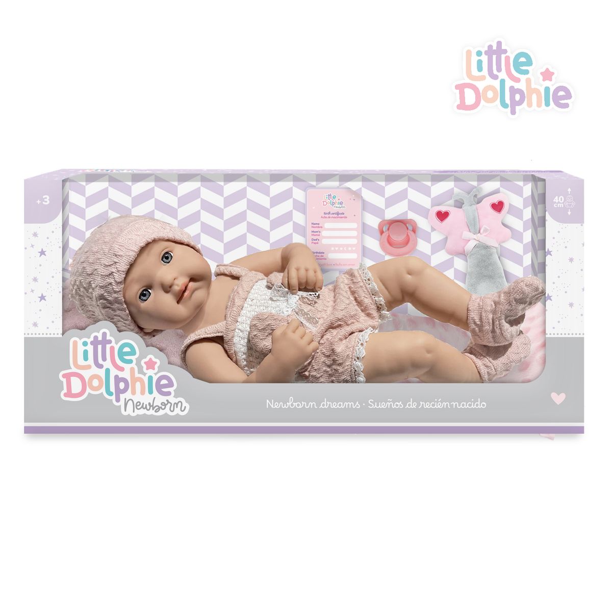 LITTLE DOLPHIE - Muñeca Bebé Recién Nacida con Manta y Accesorios de Descanso