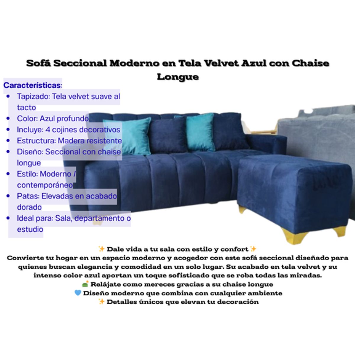 GENERICO - Sofá Onix reclinable Moderno en Tela Velvet Azul