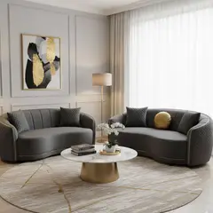 DANIELS - Living Elegante Sofá 3 Cuerpos Curvo + 2 Cuerpos Curvo Gris Diana