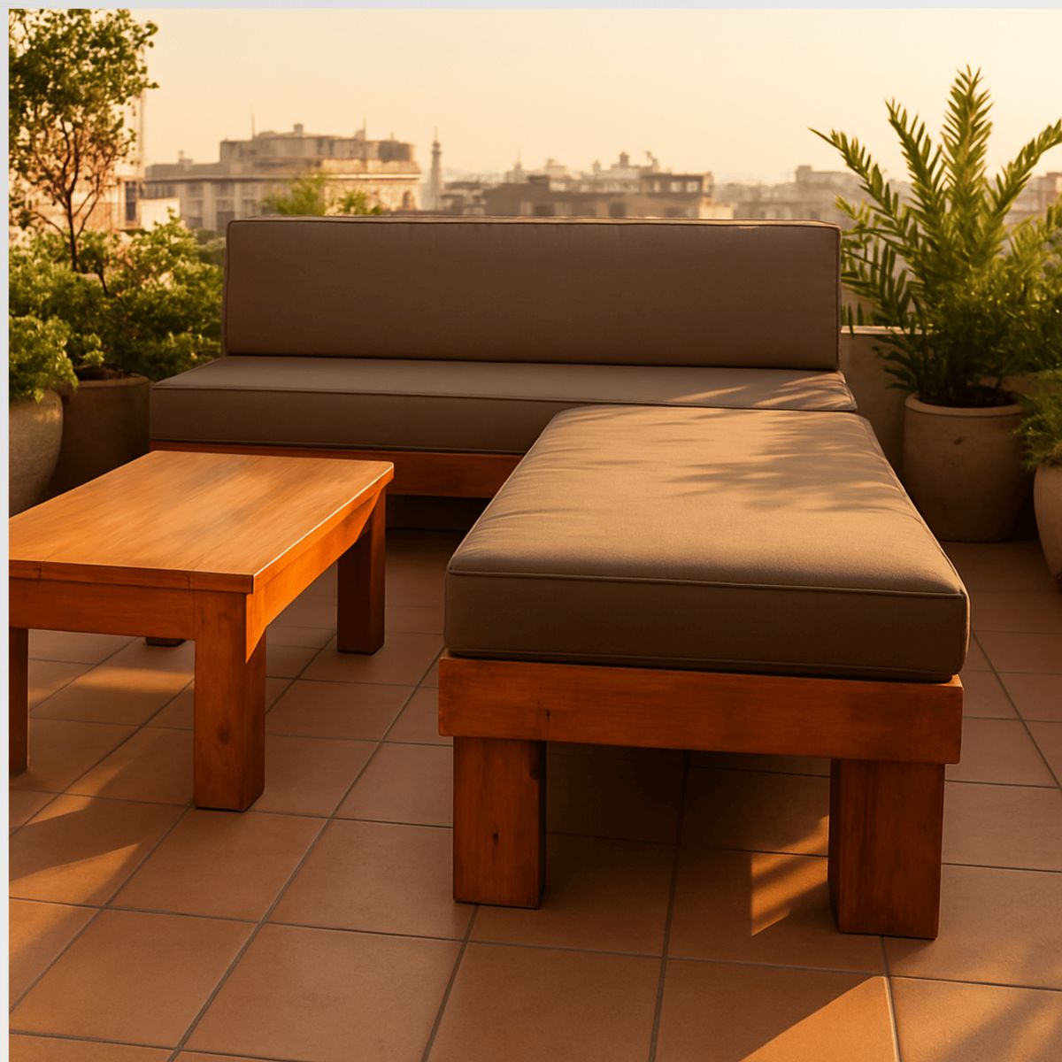 GENERICO - Set Living Terraza Madera Seccional en L con Mesa de Centro Incluye Cojines