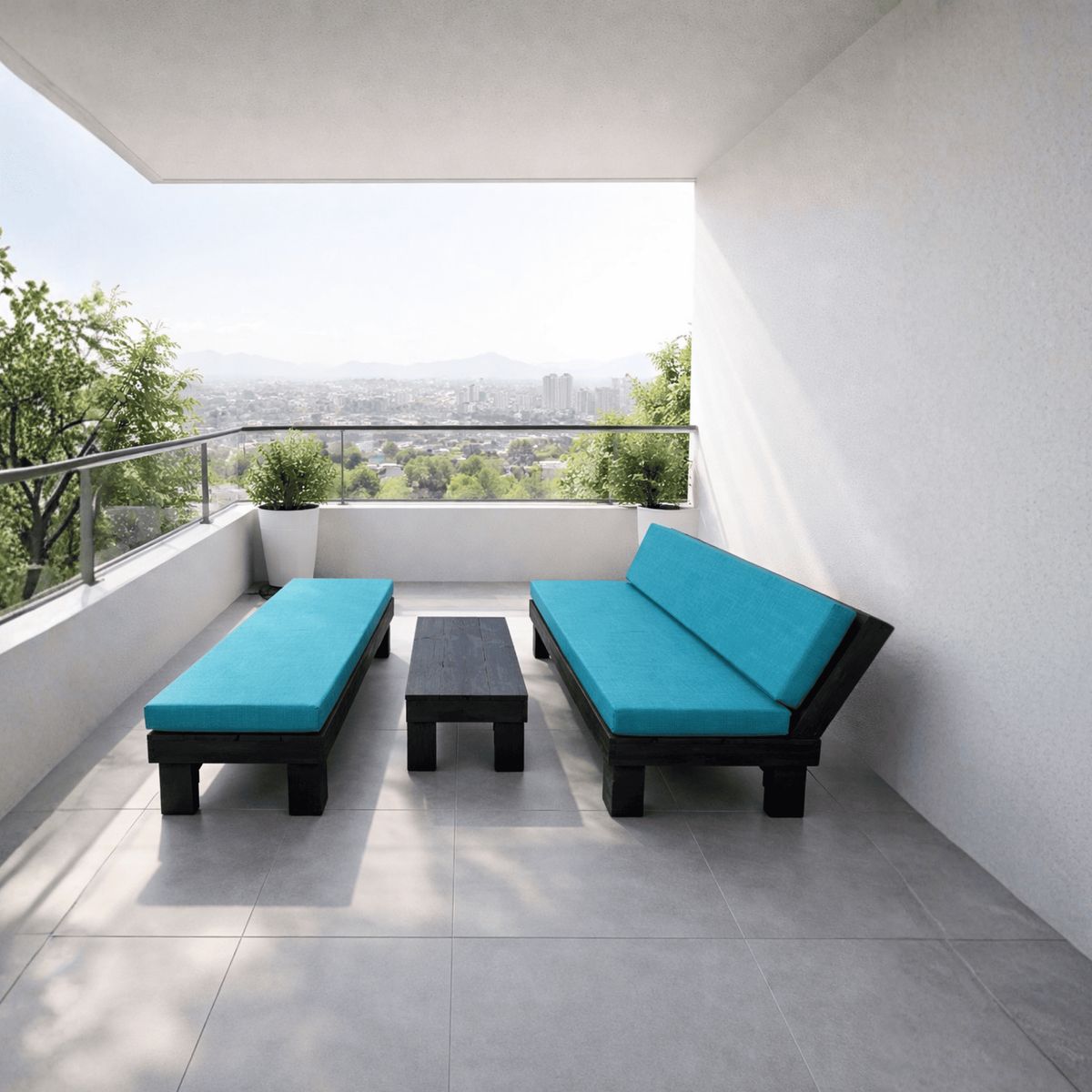 GENERICO - Set Living Terraza Negra - Azul Madera Industrial + Mesa Centro