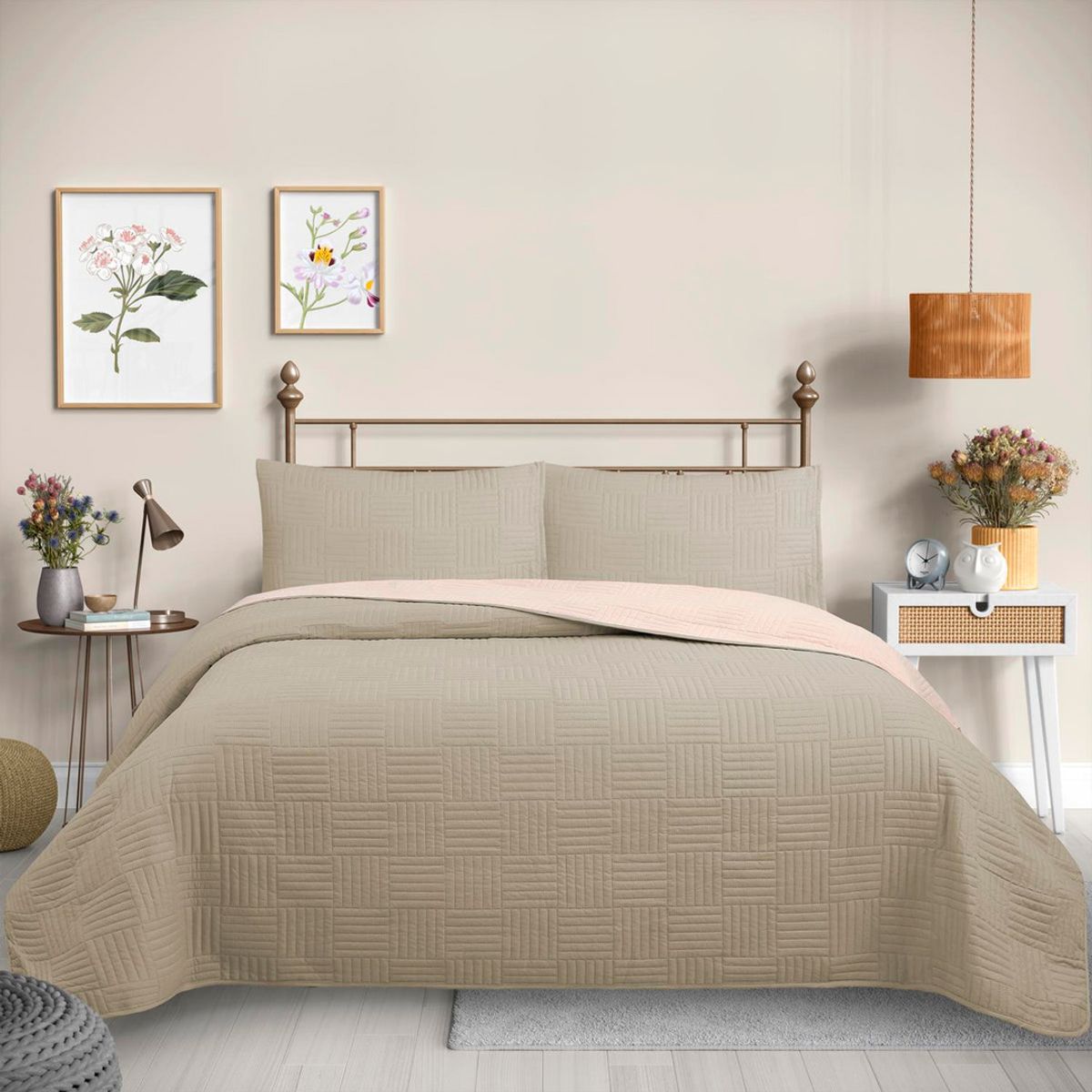 GENERICO - Cubrecama Quilt Reversible Bicolor (Beige - Blanco) de 3 Plazas - Trama Collection Beige Martiné