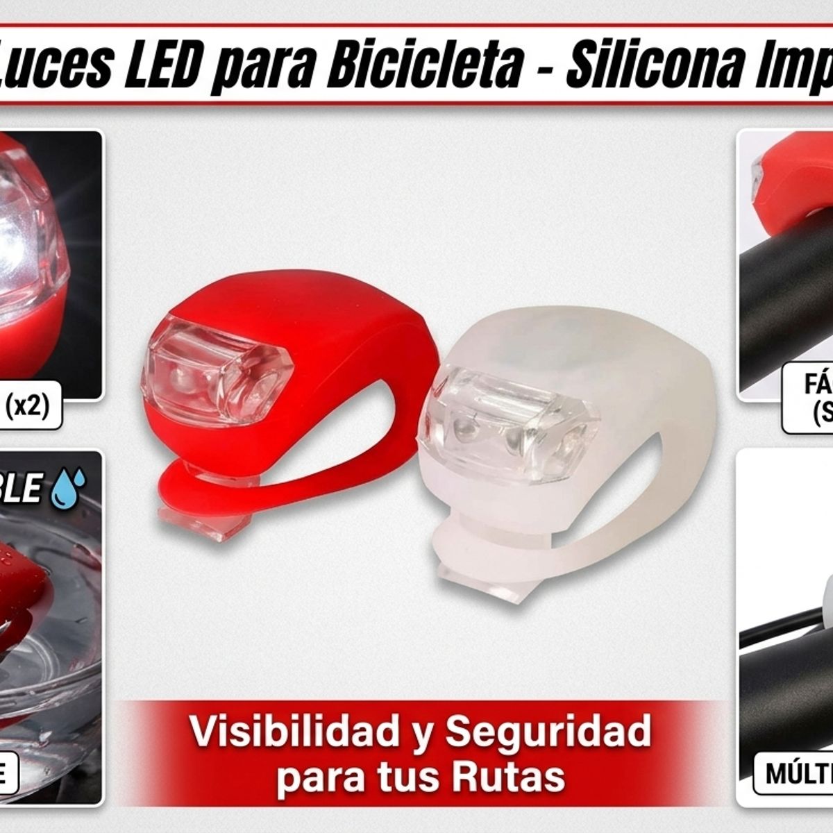 GENERICO - Set de 2 Luces LED con soporte Bicicleta Silicona Impermeables Rojo\Blanco