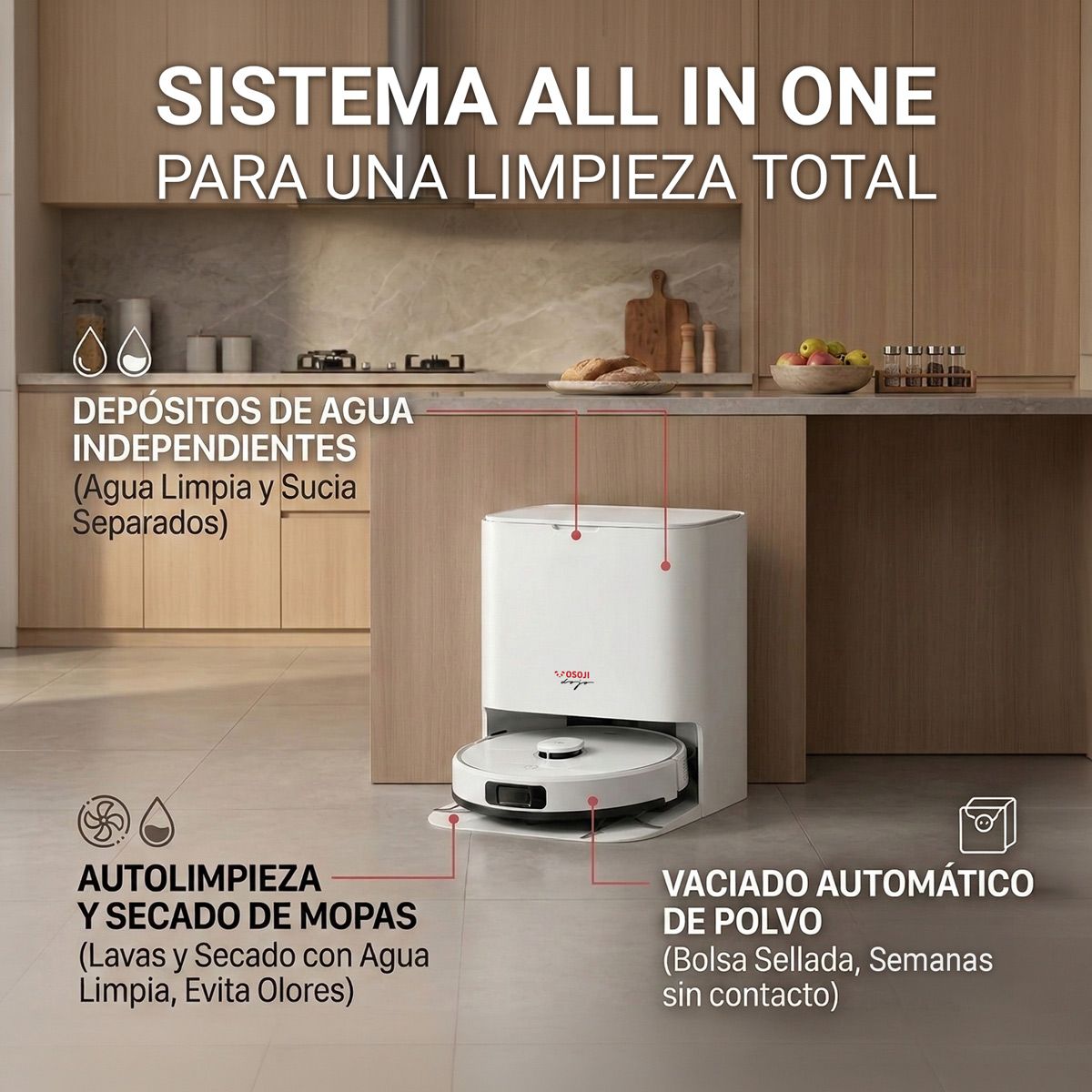 OSOJI - Osoji D2000 Pro - Robot Aspiradora y Trapeadora con Estación de Autolavado