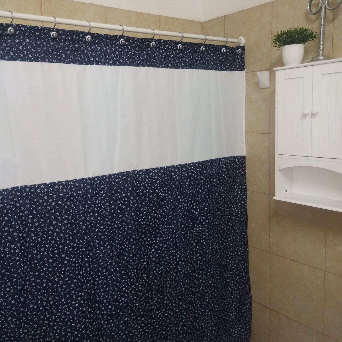 GENTILE - CORTINA DE BAÑO MEDIDA ESPECIAL REGATA ESTAMPADO BLANCO 200X180 CMS