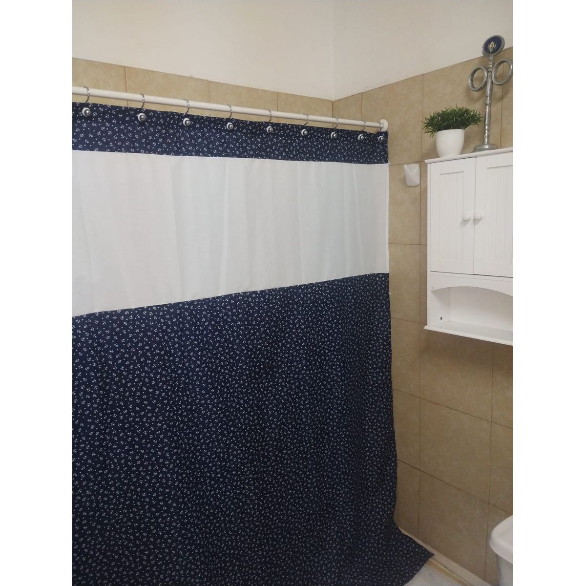GENTILE - CORTINA DE BAÑO MEDIDA ESPECIAL REGATA ESTAMPADO BLANCO 200X180 CMS