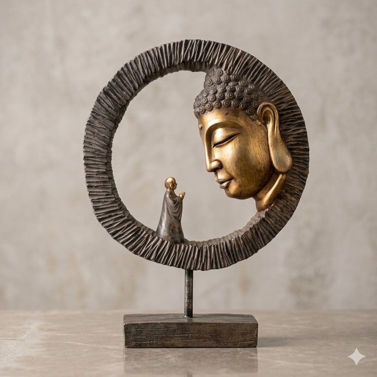 GENERICO - Escultura Premium Buda Meditación Zen en Arco Dorado – 29 cm Diámetro