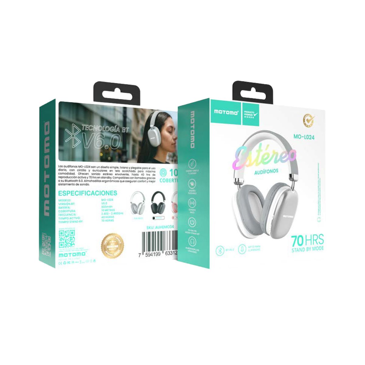 MOTOMO - AUDIFONOS HEADPHONES INALAMBRICO PLEGABLE BT V6.0 40H  70H PLATEADO AUHEMO34