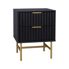 RELAN - Velador Manhattan Estilo Madera Roble Negra Con 2 Cajones con Diseño Acanalado Color Negro y Dorado