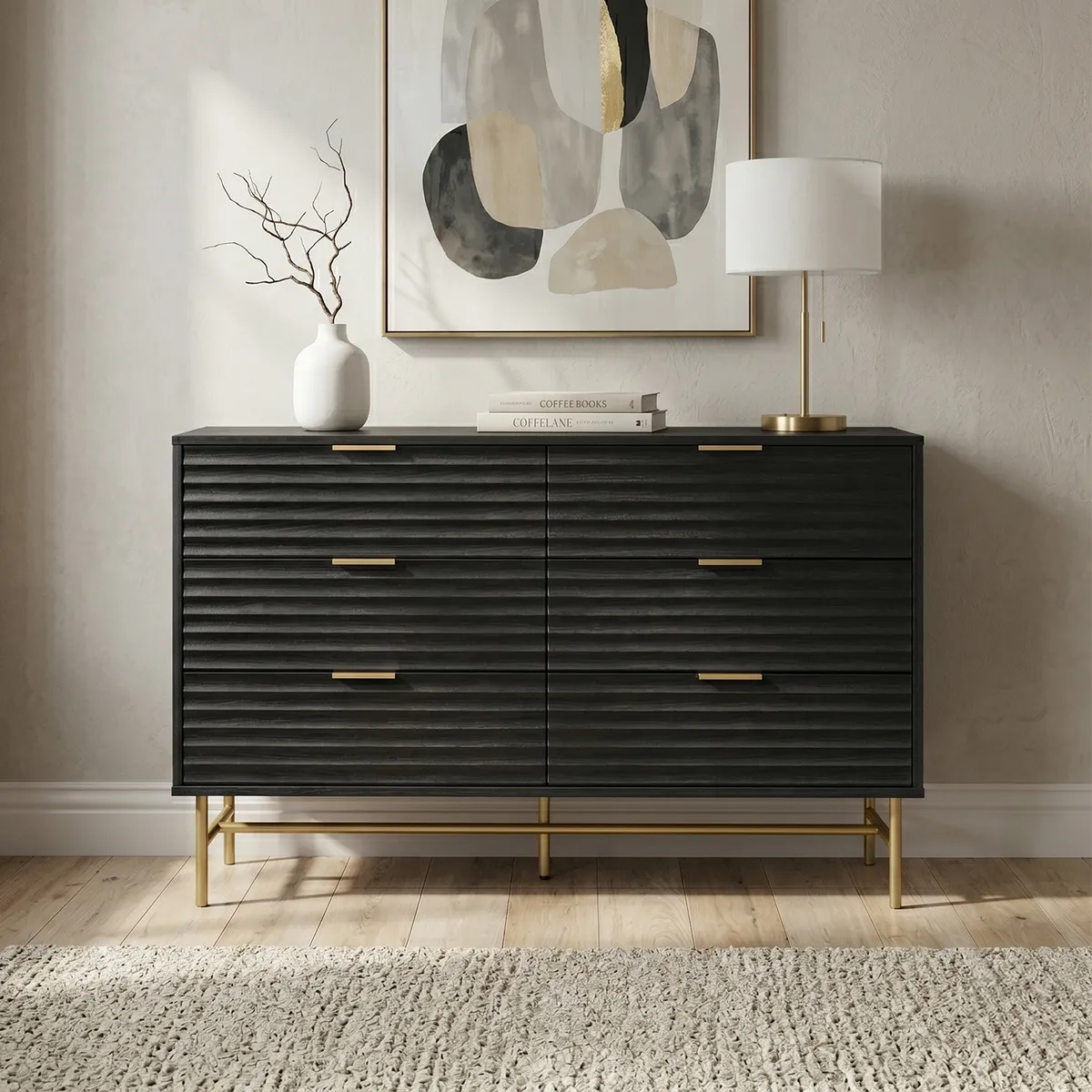 RELAN - Cómoda Cajonera Harlem Relan  Diseño Acanalado Estilo Madera Roble Negra con 6 Cajones
